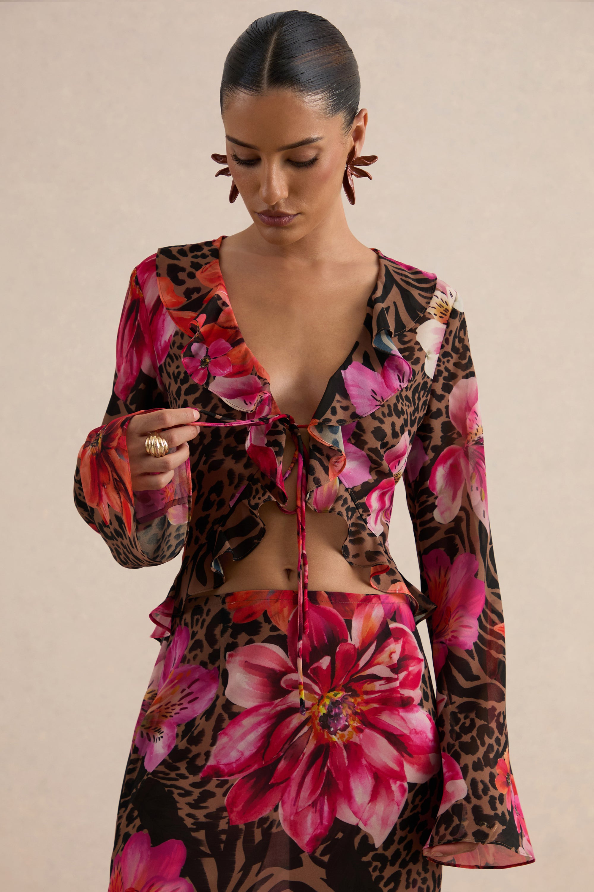 CL138620021 - Selina | Brown Sheer Animal And Floral Print Chiffon Plunge-Neck Top  8.jpg