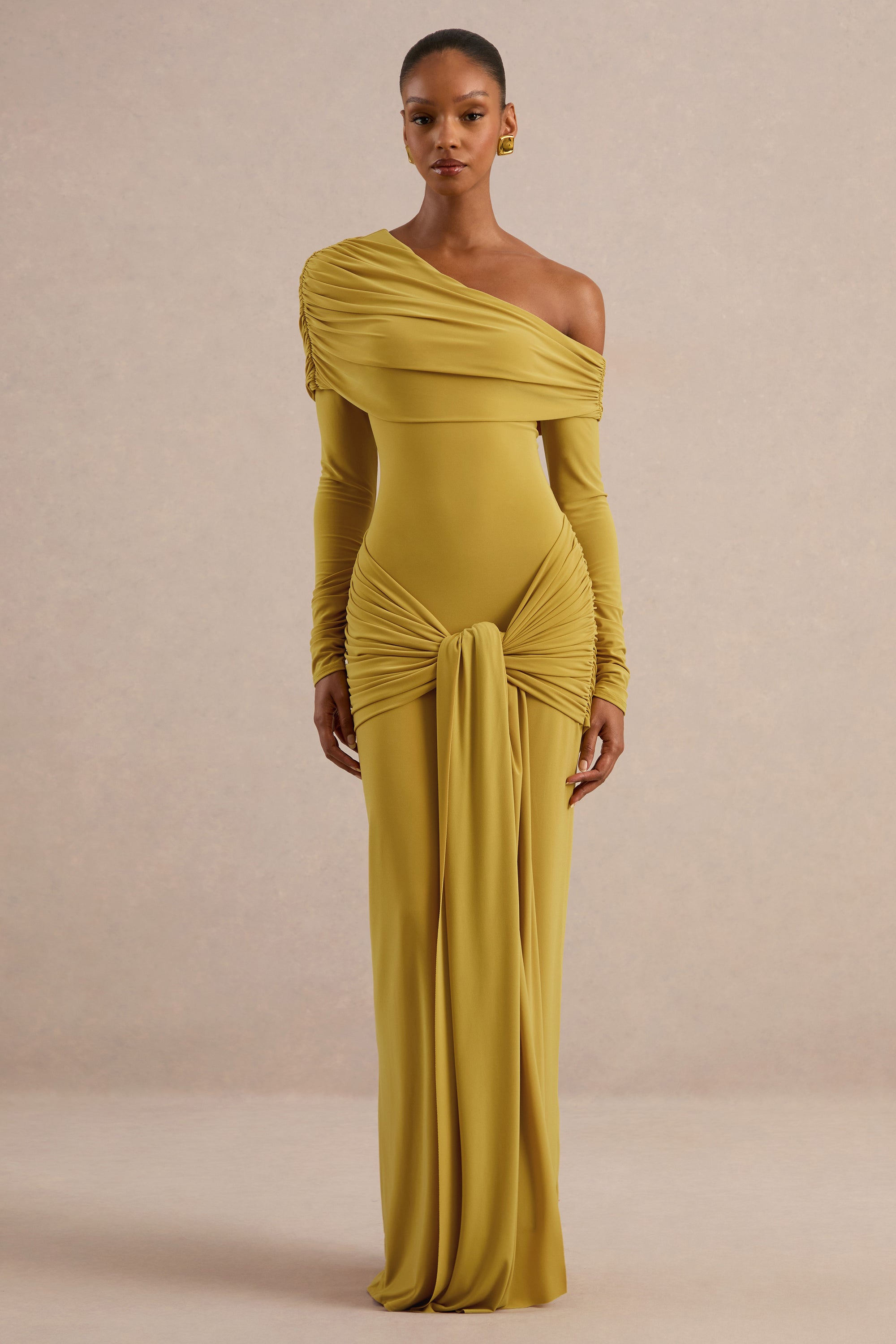ECM_HR_CL138681122 - Avonlea | Mustard Asymmetric-Neck Maxi Dress With Gathered Detailing 0.jpg