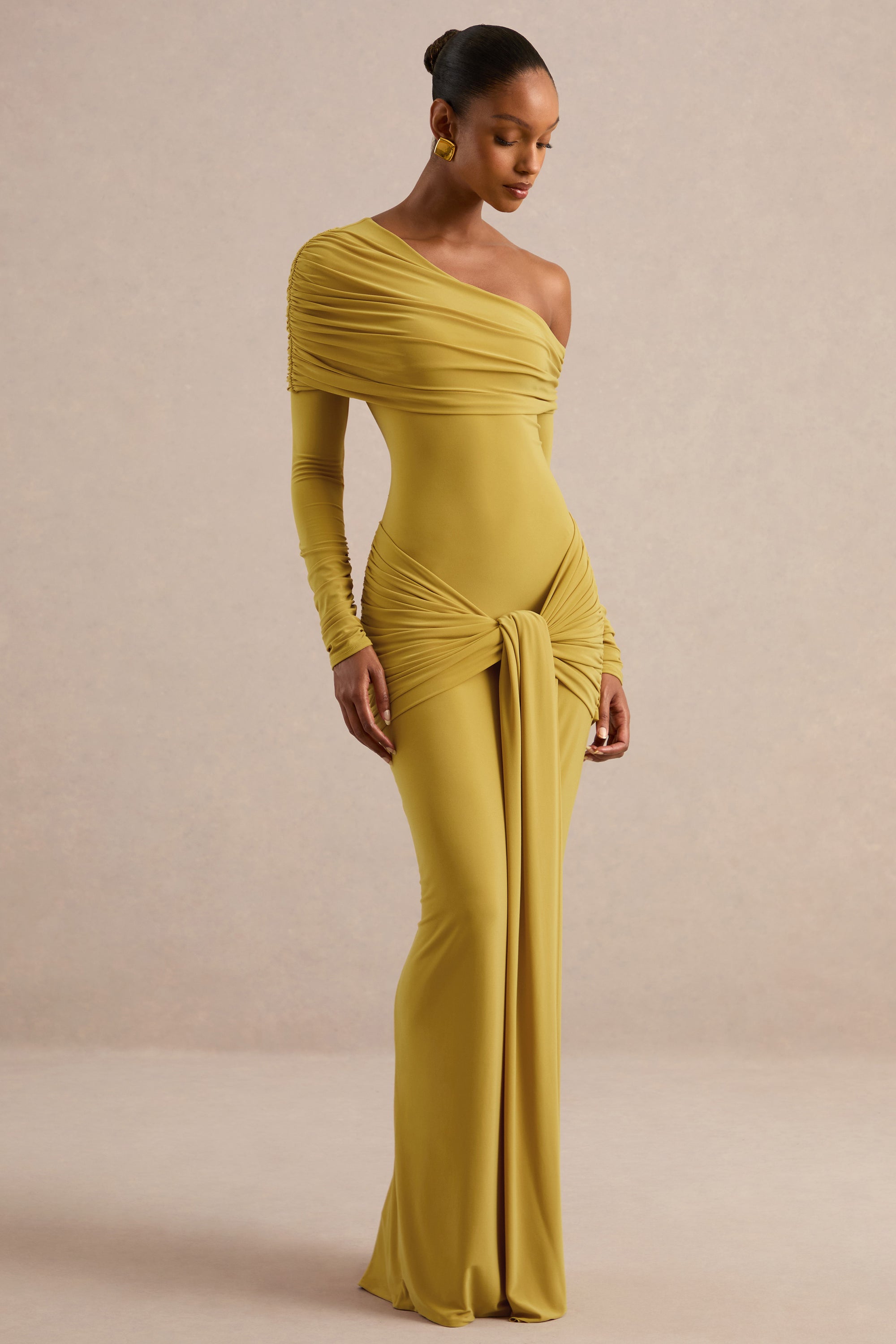 ECM_HR_CL138681122 - Avonlea | Mustard Asymmetric-Neck Maxi Dress With Gathered Detailing 2.jpg
