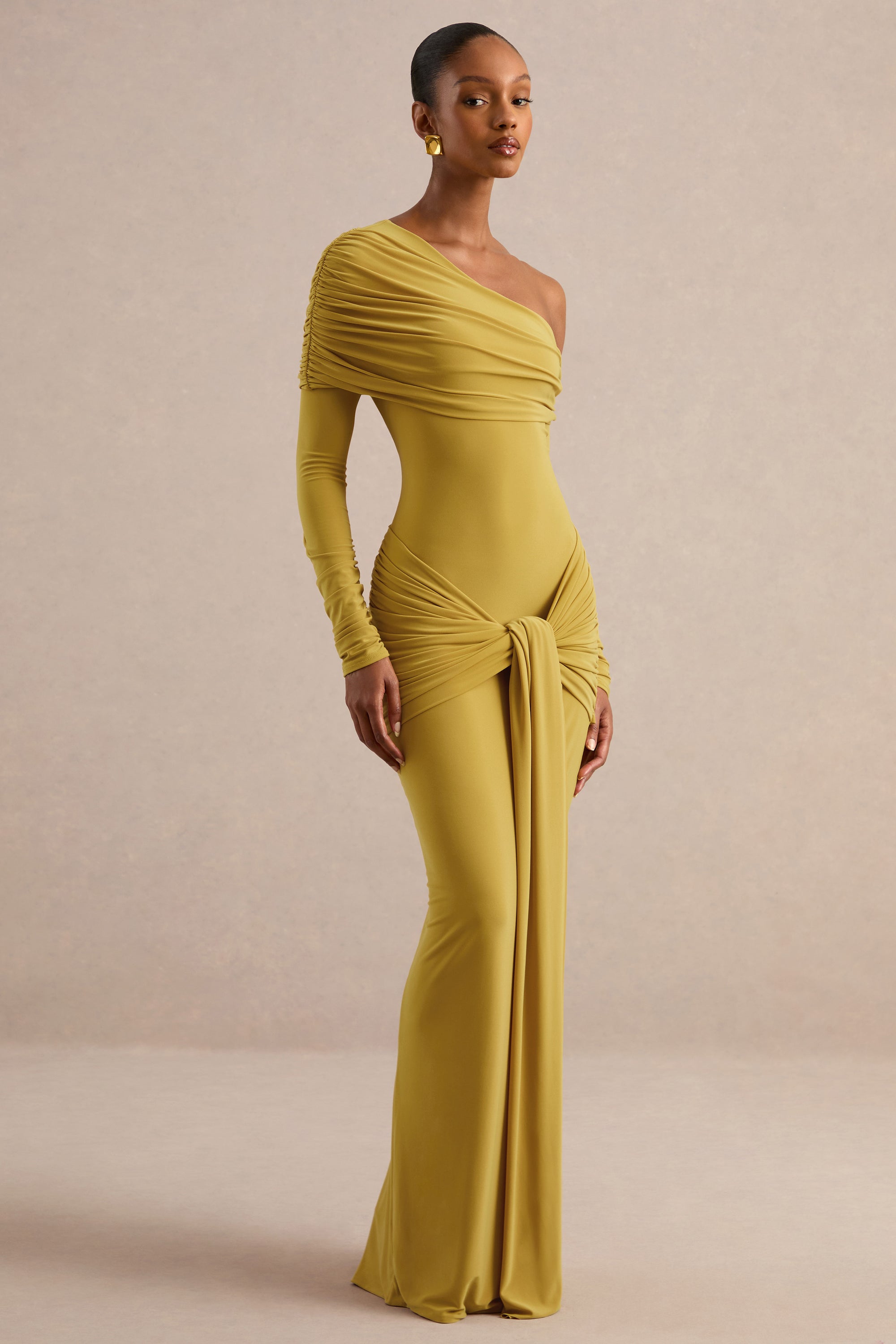 ECM_HR_CL138681122 - Avonlea | Mustard Asymmetric-Neck Maxi Dress With Gathered Detailing 3.jpg