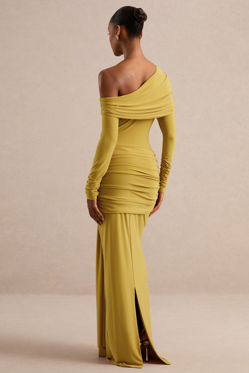 ECM_HR_CL138681122 - Avonlea | Mustard Asymmetric-Neck Maxi Dress With Gathered Detailing 5.jpg