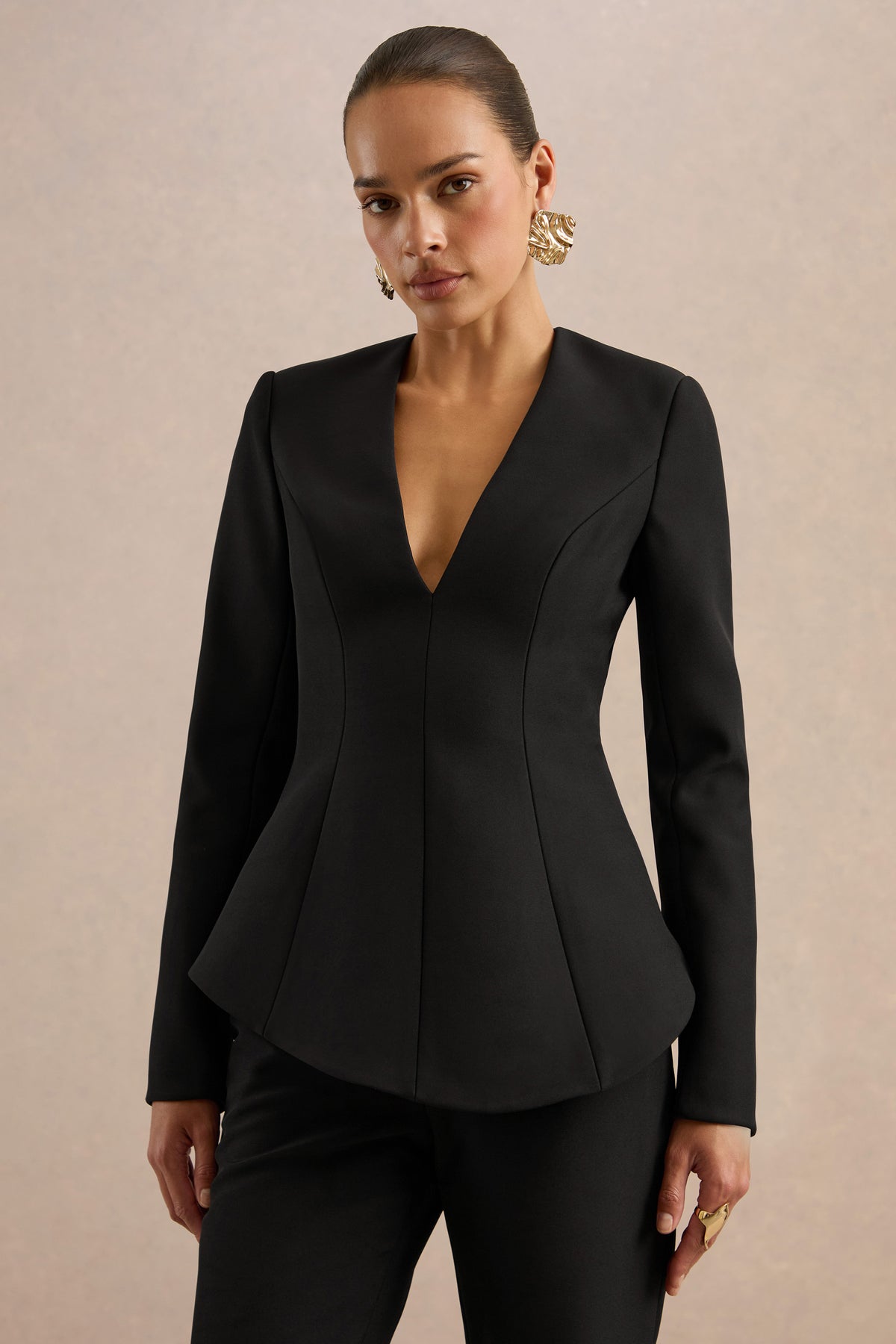 CL138704001 - Ysabel Black Plunge-Neck Long Sleeve Top1.jpg