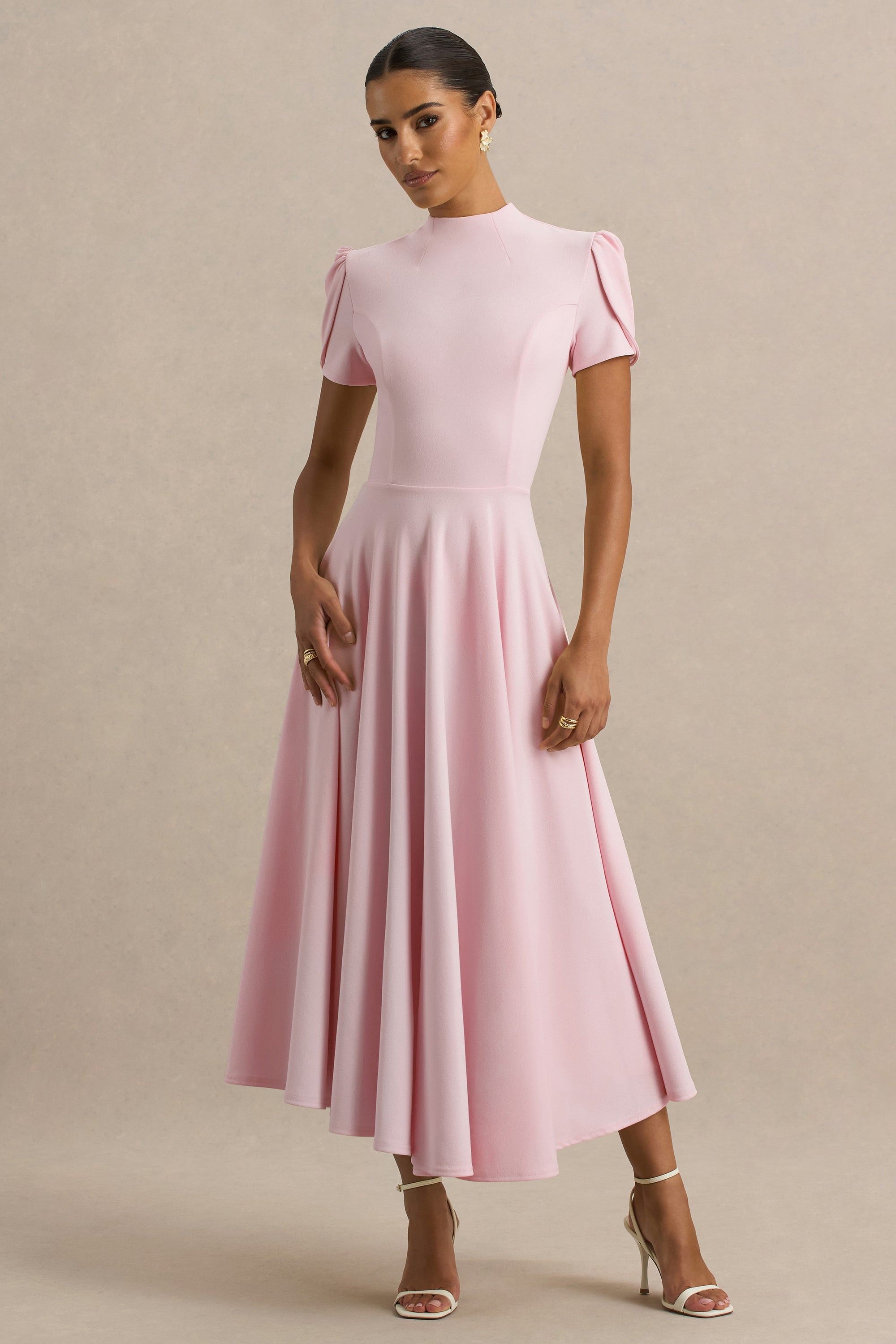 ECM_HR_CL136396081 - Vicky | Light Pink High Neck Midi Dress With Puff Sleeves 01_HERO.jpg