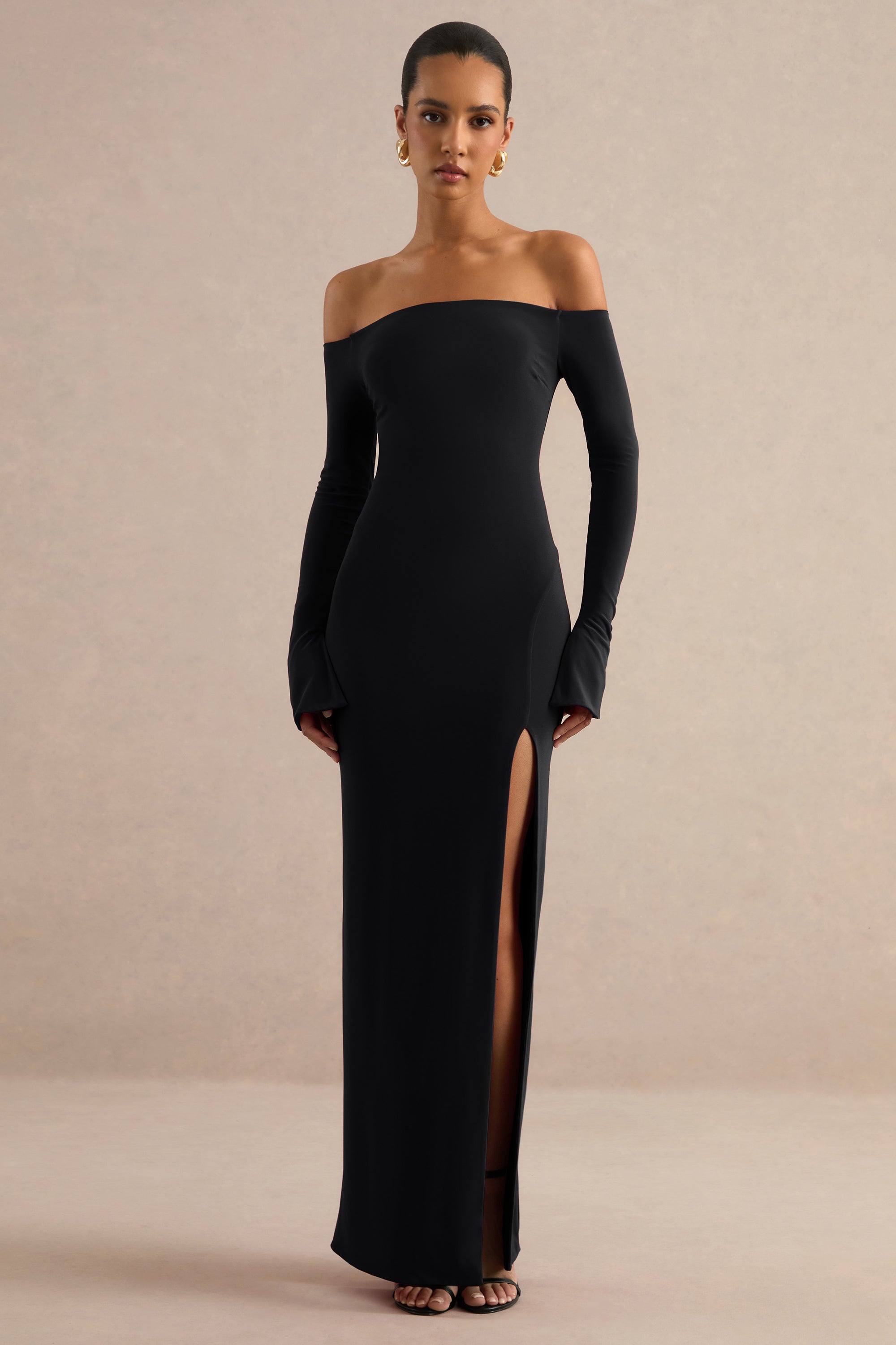 ECM_HR_CL138767001 - Liviae | Black Bardot-Neck Maxi Dress With Bell Sleeves And Front Split1.jpg