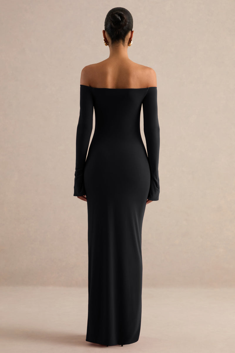 ECM_HR_CL138767001 - Liviae | Black Bardot-Neck Maxi Dress With Bell Sleeves And Front Split3.jpg
