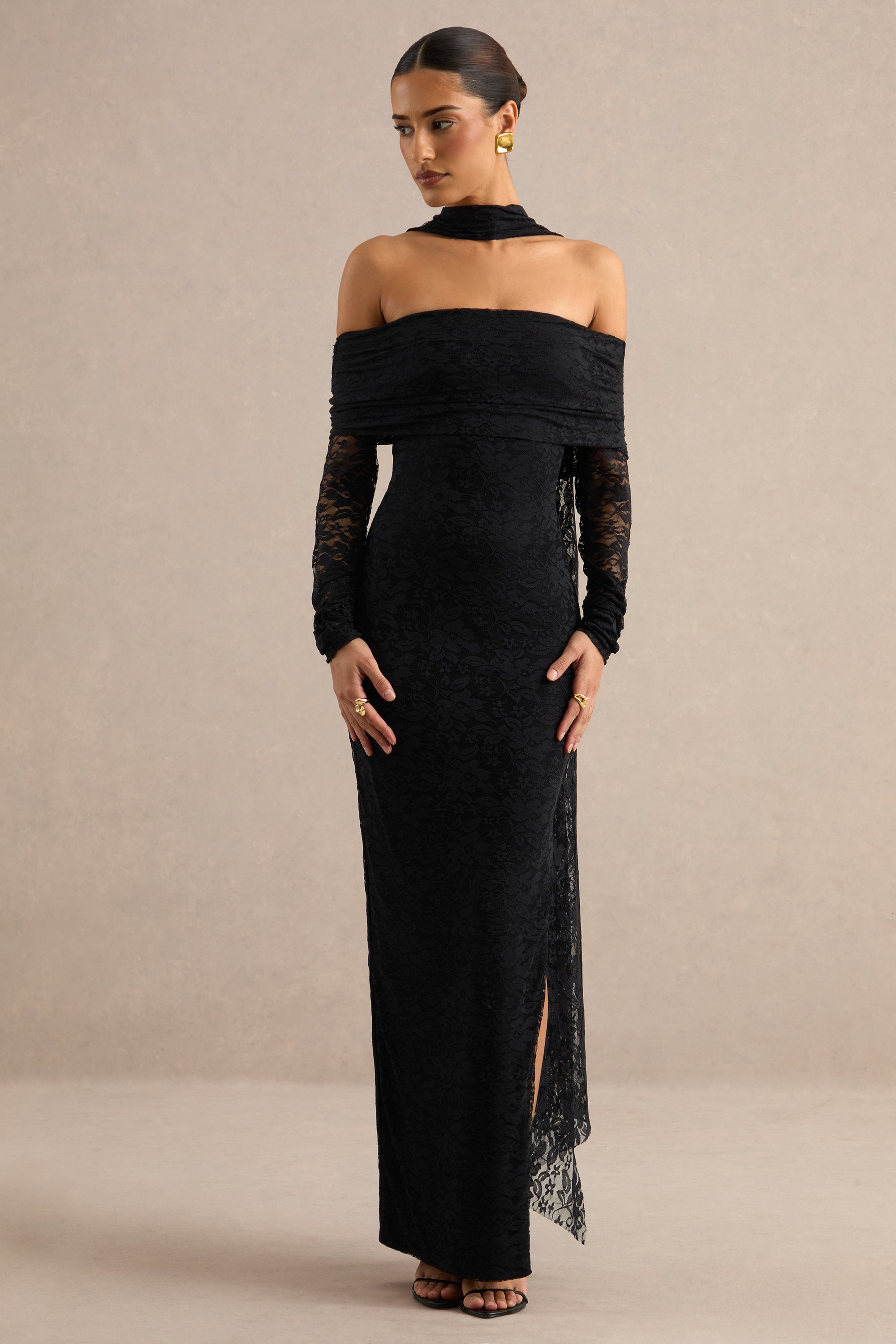 ECM_HR_CL138772001 -  Maelora | Black Lace Bardot-Neck Maxi Dress With Scarf Detail 1.jpg