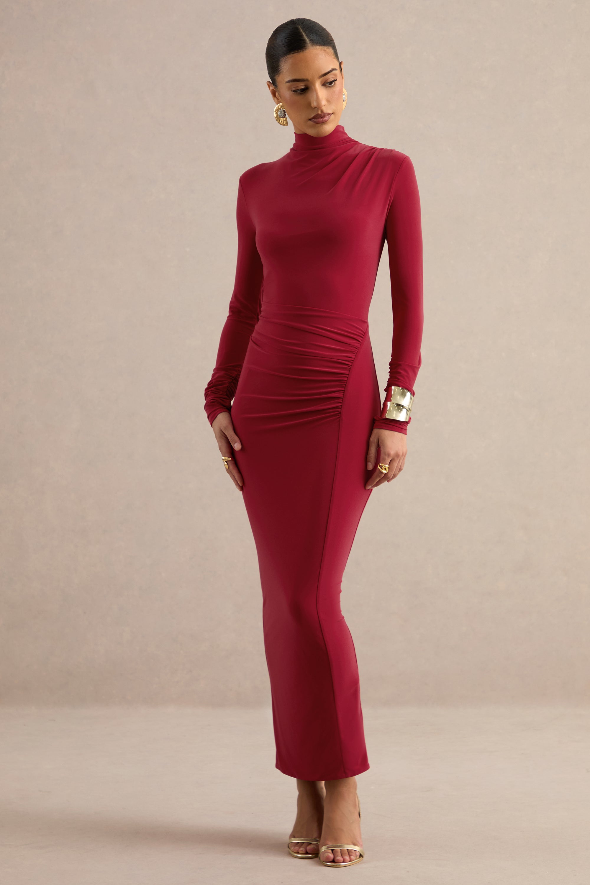 ECM_HR_CL138779100 - Erienne | Red High-Neck Maxi Dress With Draped Detailing2.jpg