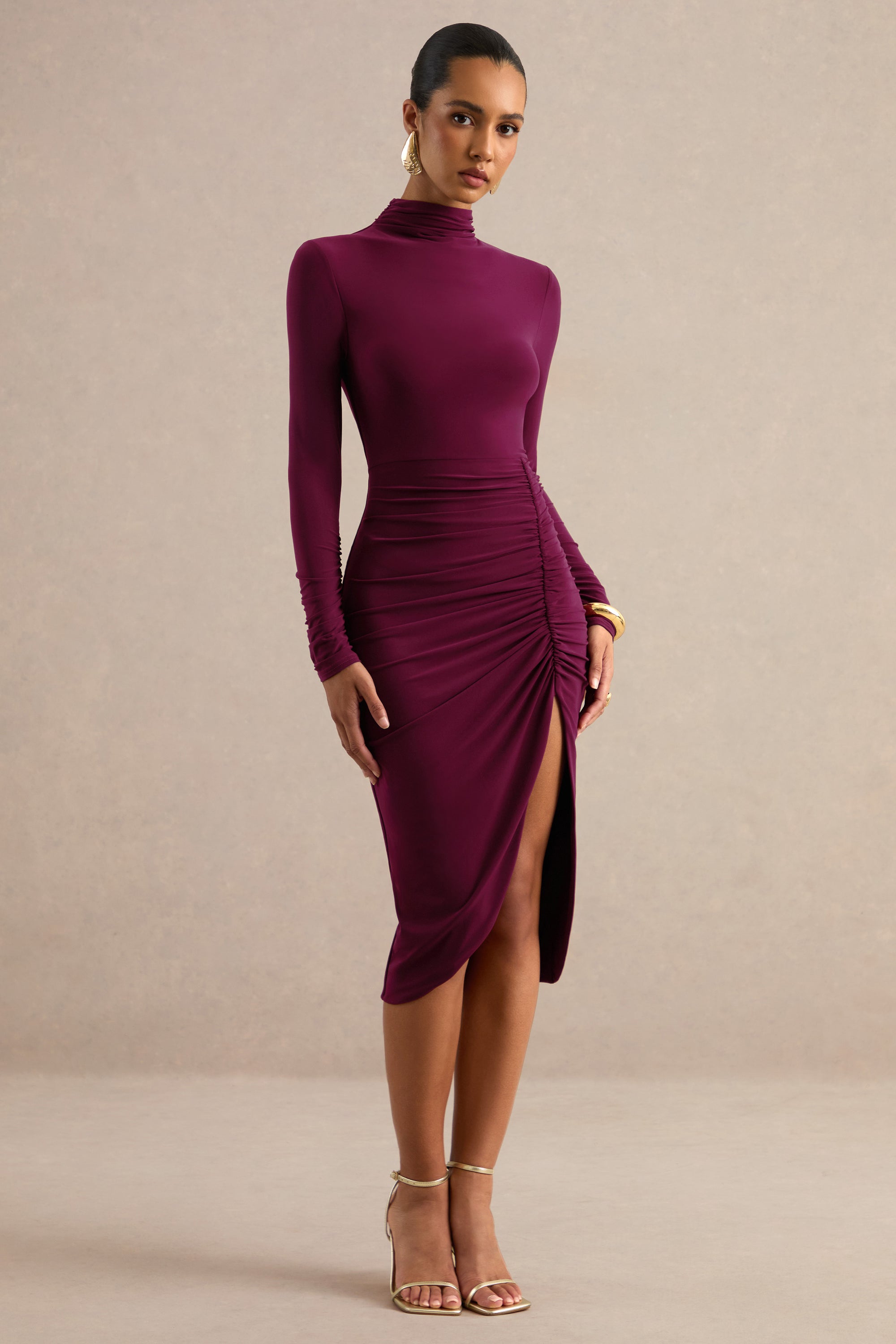 ECM_HR_CL138788102 -  Faylinn _ Burgundy High-Neck Midi Dress With Draped Detailing And Front Split 1.jpg