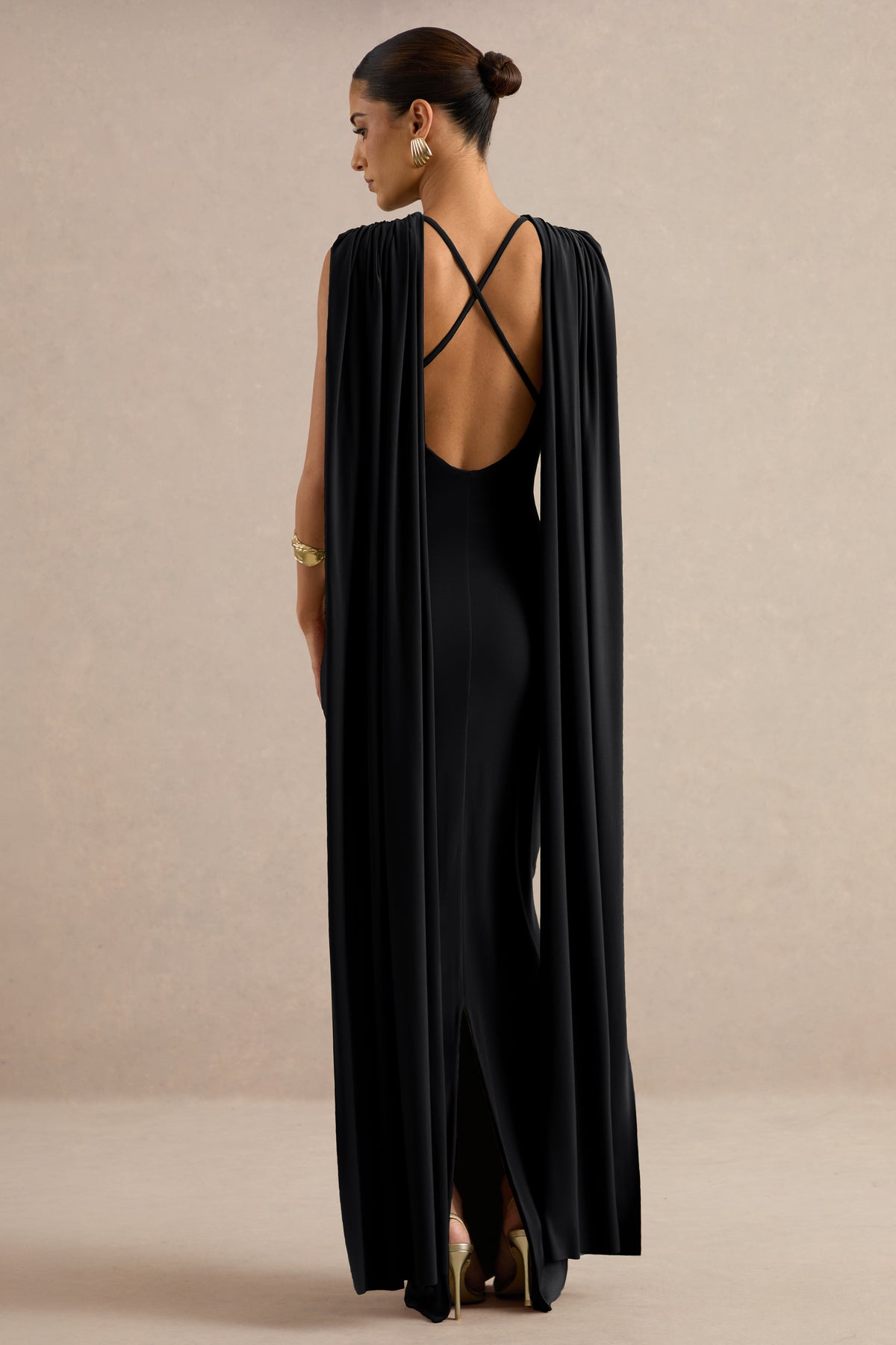 ECM_HR_CL138796001 - Hanina | Black Round-Neck Maxi Dress With Draped Detailing And Cape Sleeves 3.jpg
