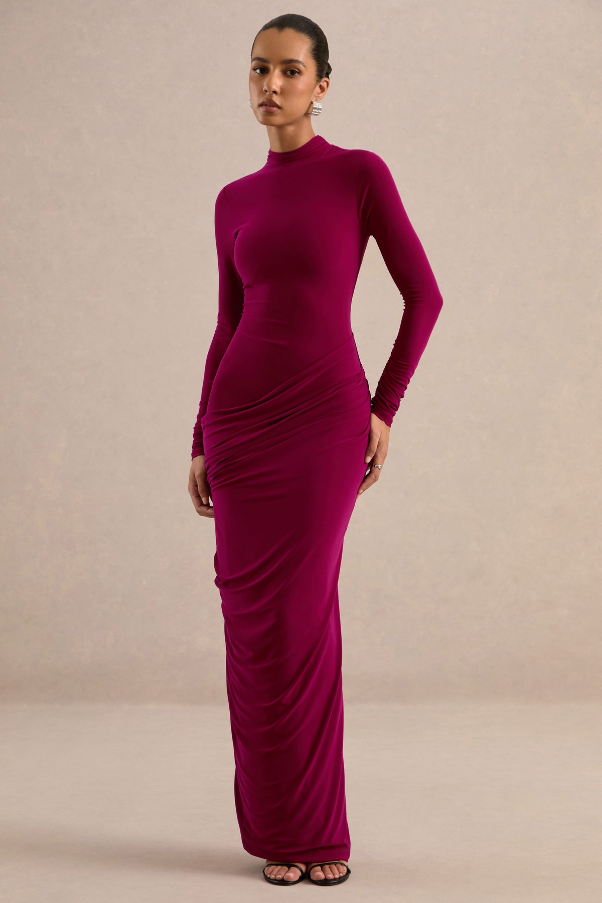 ECM_HR_CL138809102 - Zelara Burgundy High-Neck Maxi Dress With Draped Detailing1.jpg