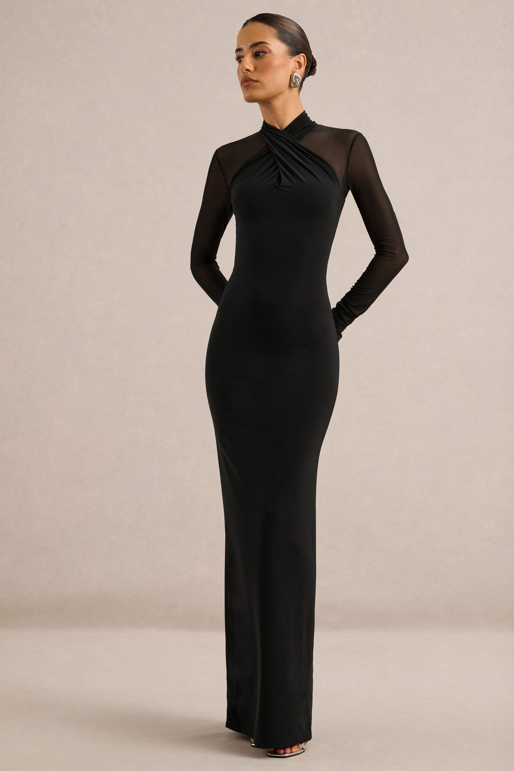 Fiorella | Black Jersey Wrap High Neck Maxi Dress With Mesh Sleeves ...