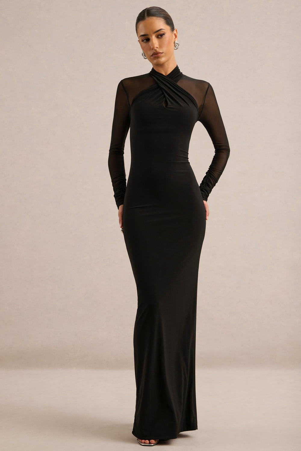 Fiorella | Black Jersey Wrap High Neck Maxi Dress With Mesh Sleeves ...