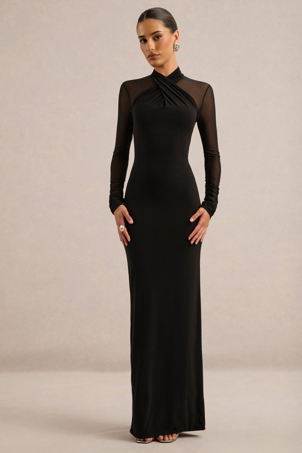 Fiorella | Black Jersey Wrap High Neck Maxi Dress With Mesh Sleeves ...