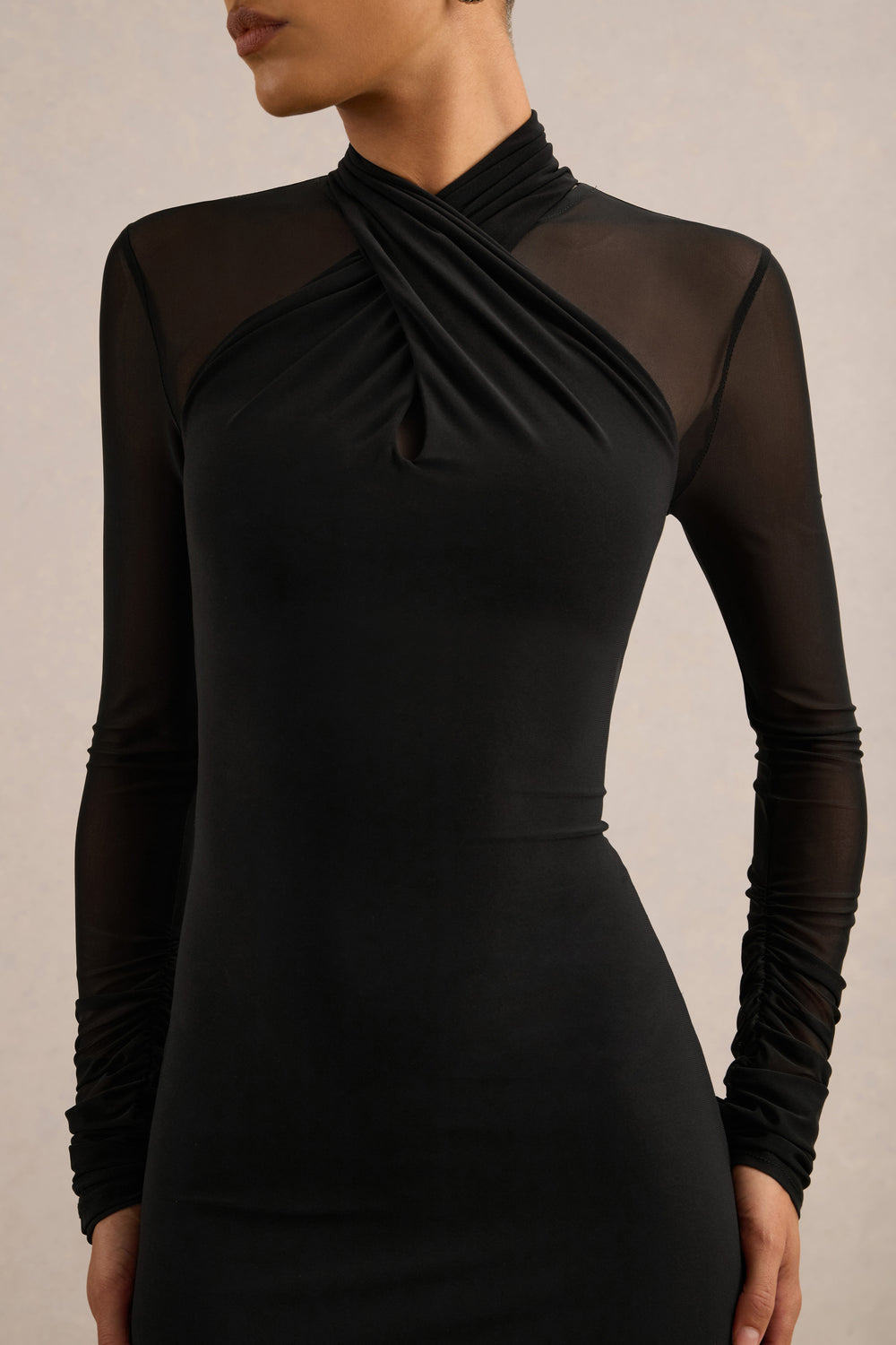 Fiorella | Black Jersey Wrap High Neck Maxi Dress With Mesh Sleeves ...