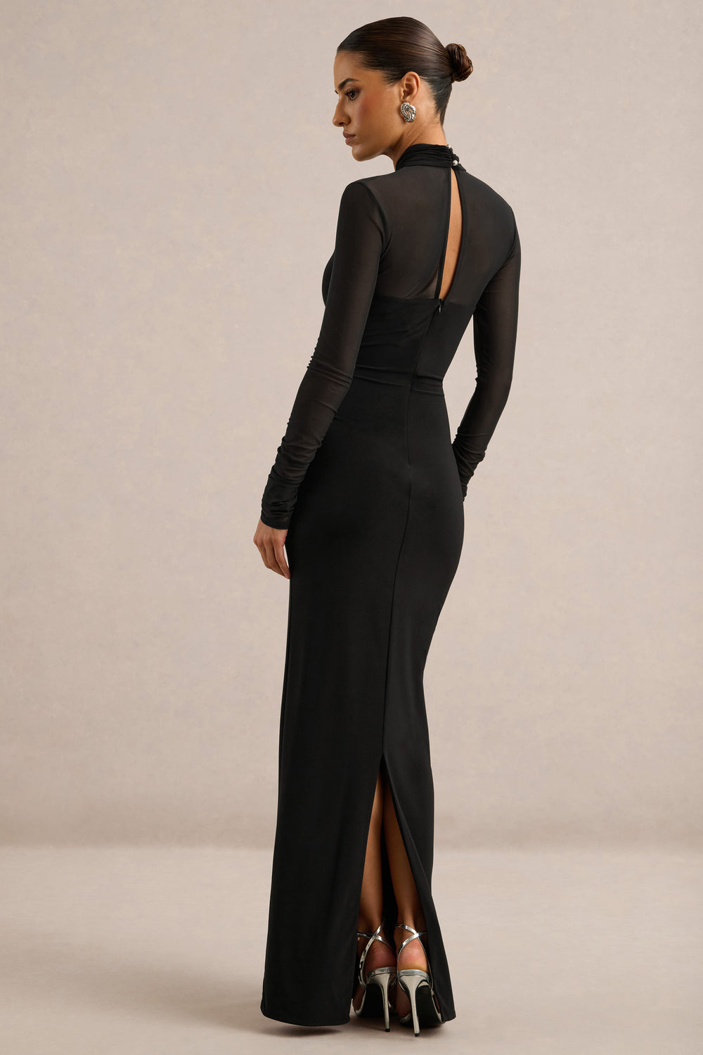 Fiorella | Black Jersey Wrap High Neck Maxi Dress With Mesh Sleeves ...