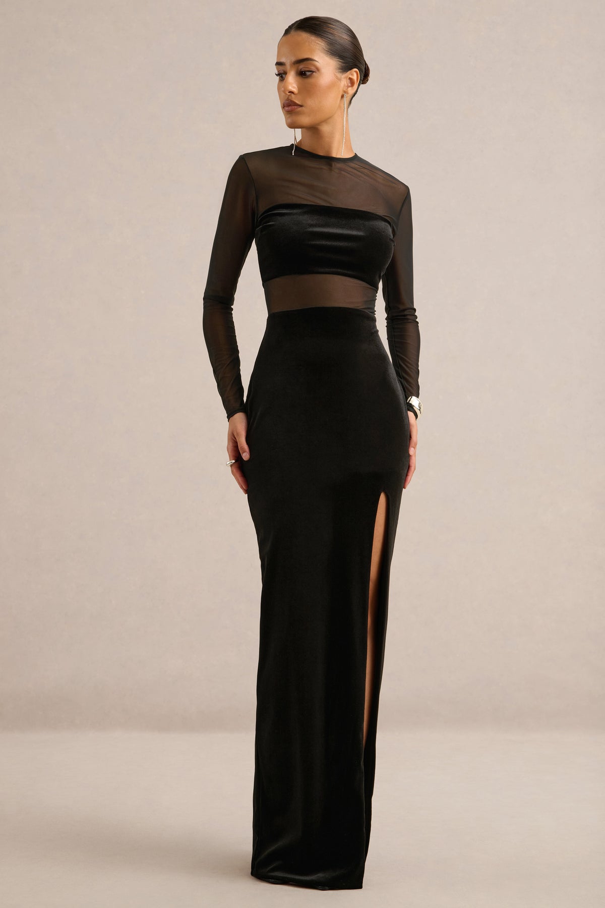 ECM_HR_CL138871001 - Marika _ Black Velvet Mesh Insert Maxi Dress with Thigh Split1.jpg