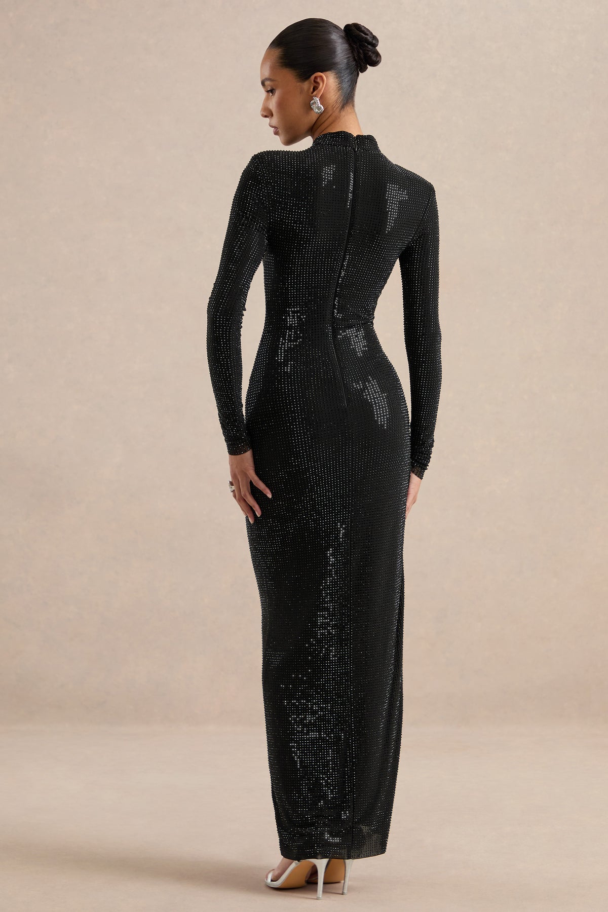 ECM_HR_CL138873001 - Georgiana _ Black Diamante High Neck Long Sleeve Maxi Dress With Gathered Detailing And Split5.jpg