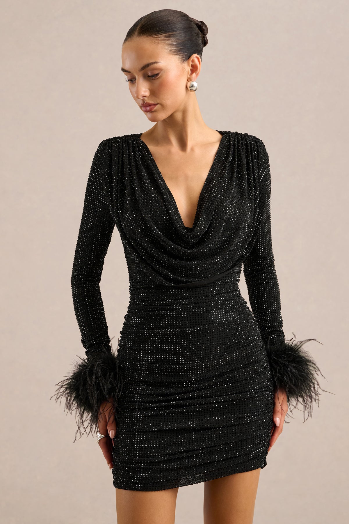 ECM_HR_CL138879001 - Vondra _ Black Diamante Ruched Plunge Long Sleeve Mini Dress With Feather Detailing And Tie Back1.jpg