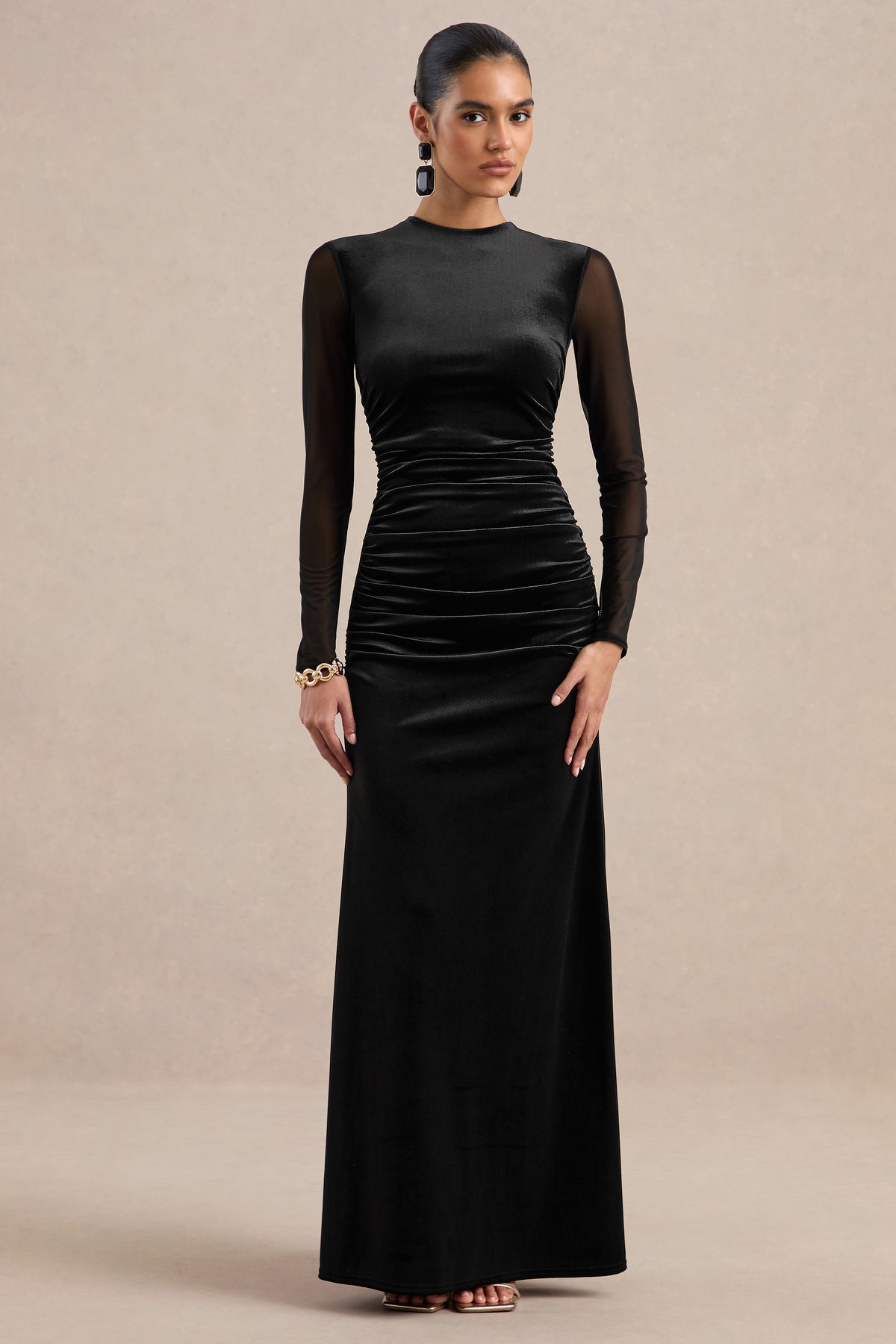 ECM_HR_CL138896001 - Marielle _ Black Velvet Round Neck Long Sleeve Fitted Maxi Dress With Gathered Detailing And Mesh Sleeves2.jpg