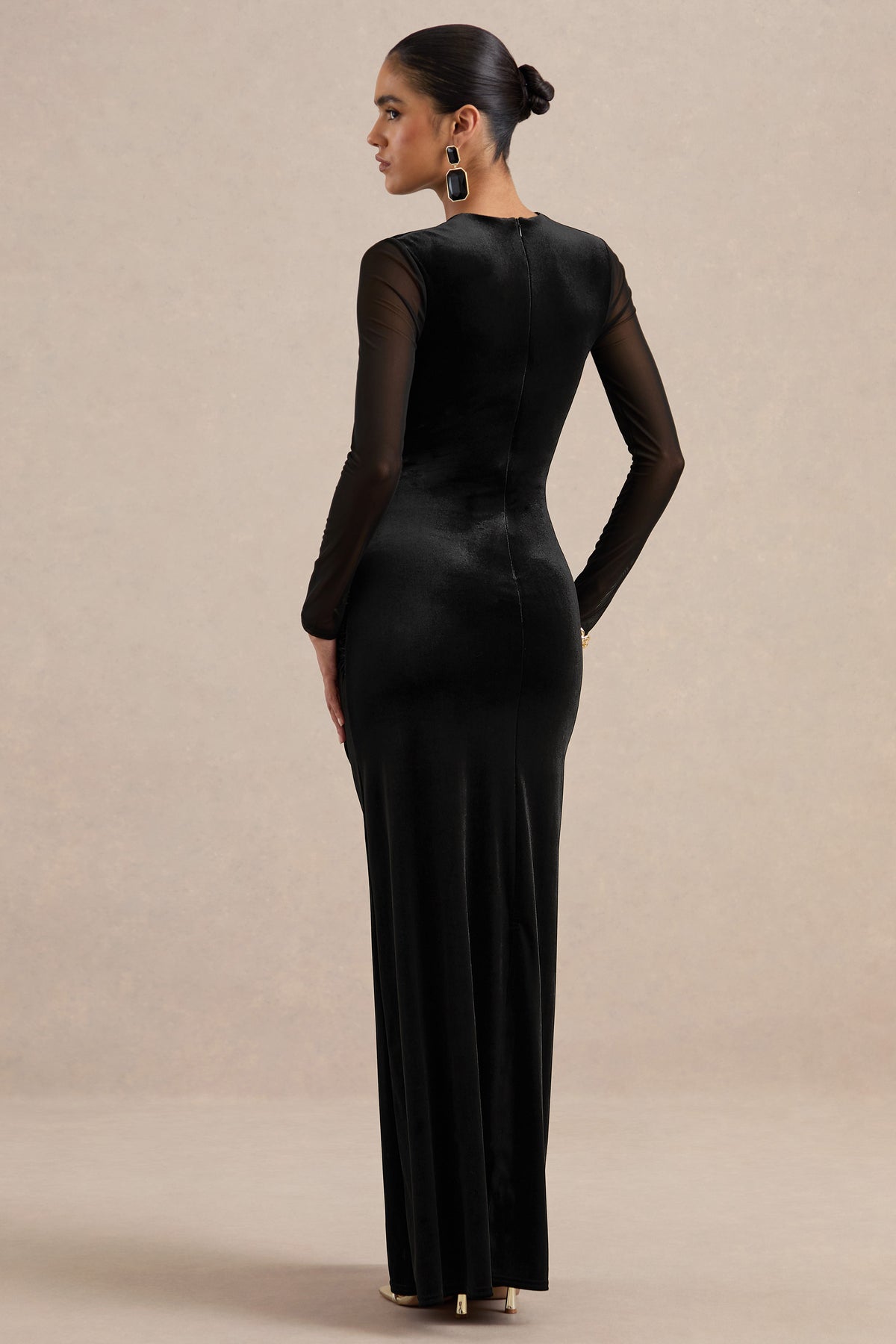 ECM_HR_CL138896001 - Marielle _ Black Velvet Round Neck Long Sleeve Fitted Maxi Dress With Gathered Detailing And Mesh Sleeves5.jpg