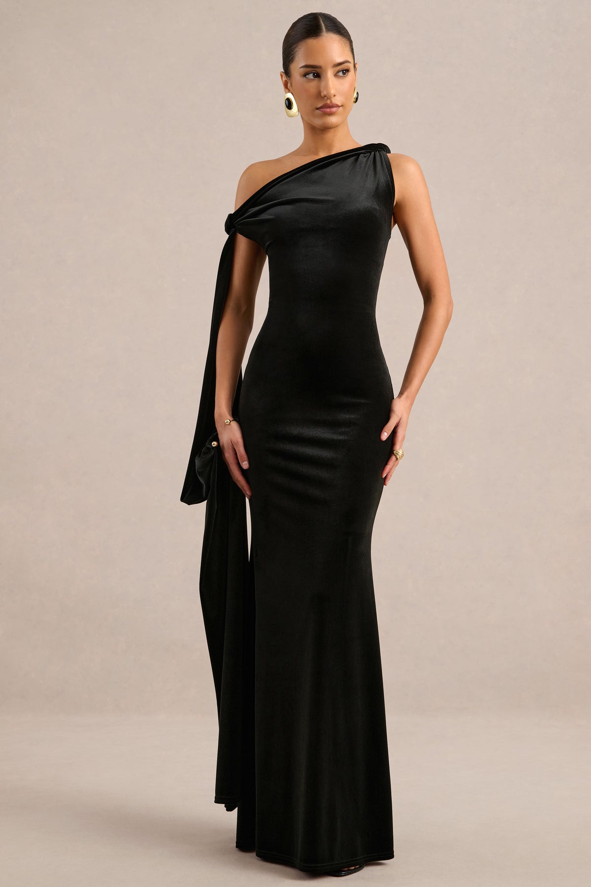 ECM_HR_CL138912001 - Blakely _ Black Velvet Twist One Shoulder Maxi Dress With Sash And Cuff Trim2.jpg