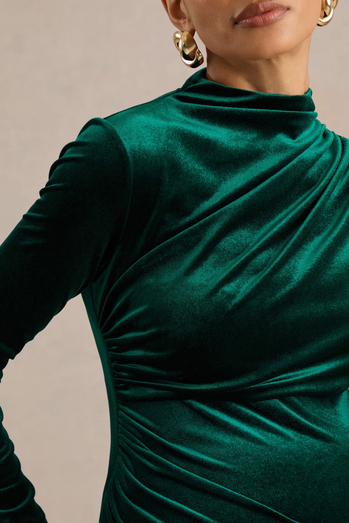 ECM_HR_CL139341038 - Perelina _ Dark Green Velvet High Neck Long Sleeve Maternity Midi Dress With Gathered Detailing3.jpg