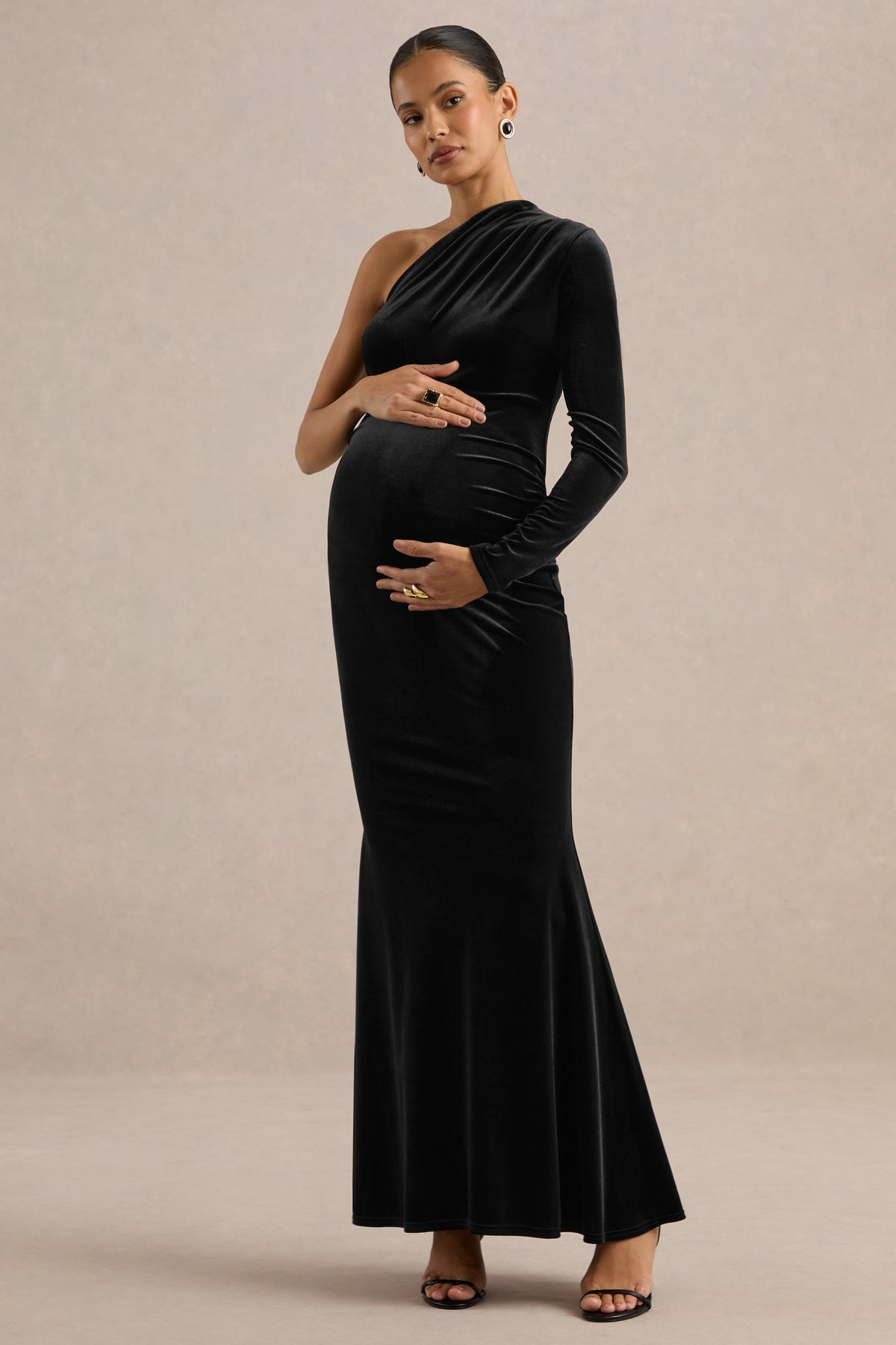 ECM_HR_CL139346001 - Gialyn _ Black Velvet One Shoulder Long Sleeve Maternity Maxi Dress With Gathered Detailing0.jpg