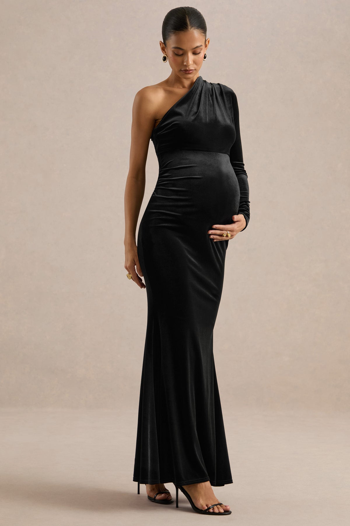 ECM_HR_CL139346001 - Gialyn _ Black Velvet One Shoulder Long Sleeve Maternity Maxi Dress With Gathered Detailing3.jpg