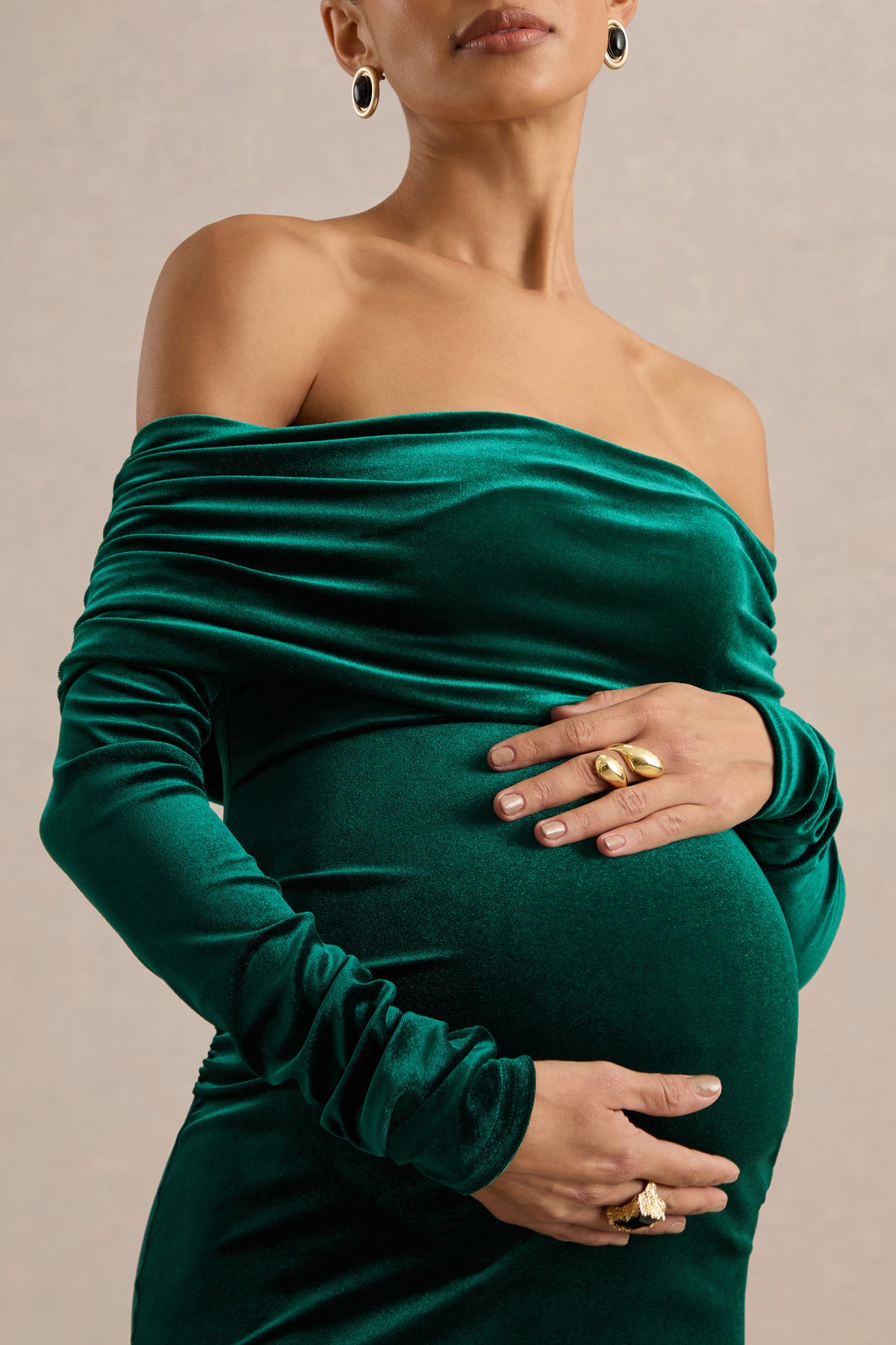 ECM_HR_CL139348038 - Saevana _ Dark Green Velvet Bardot Long Sleeve Maternity Maxi Dress With Gathered Detailing4.jpg