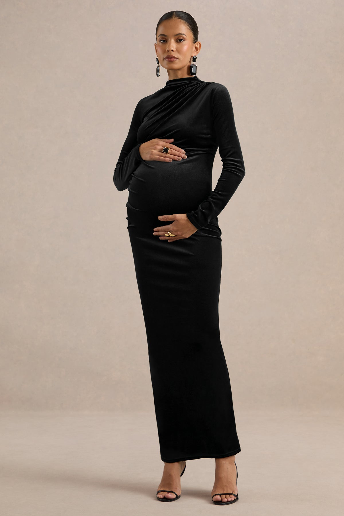 ECM_HR_CL139349001 - Kalana _ Black Velvet High Neck Long Sleeve Maternity Maxi Dess With Gathered Detailing And Back Split1.jpg