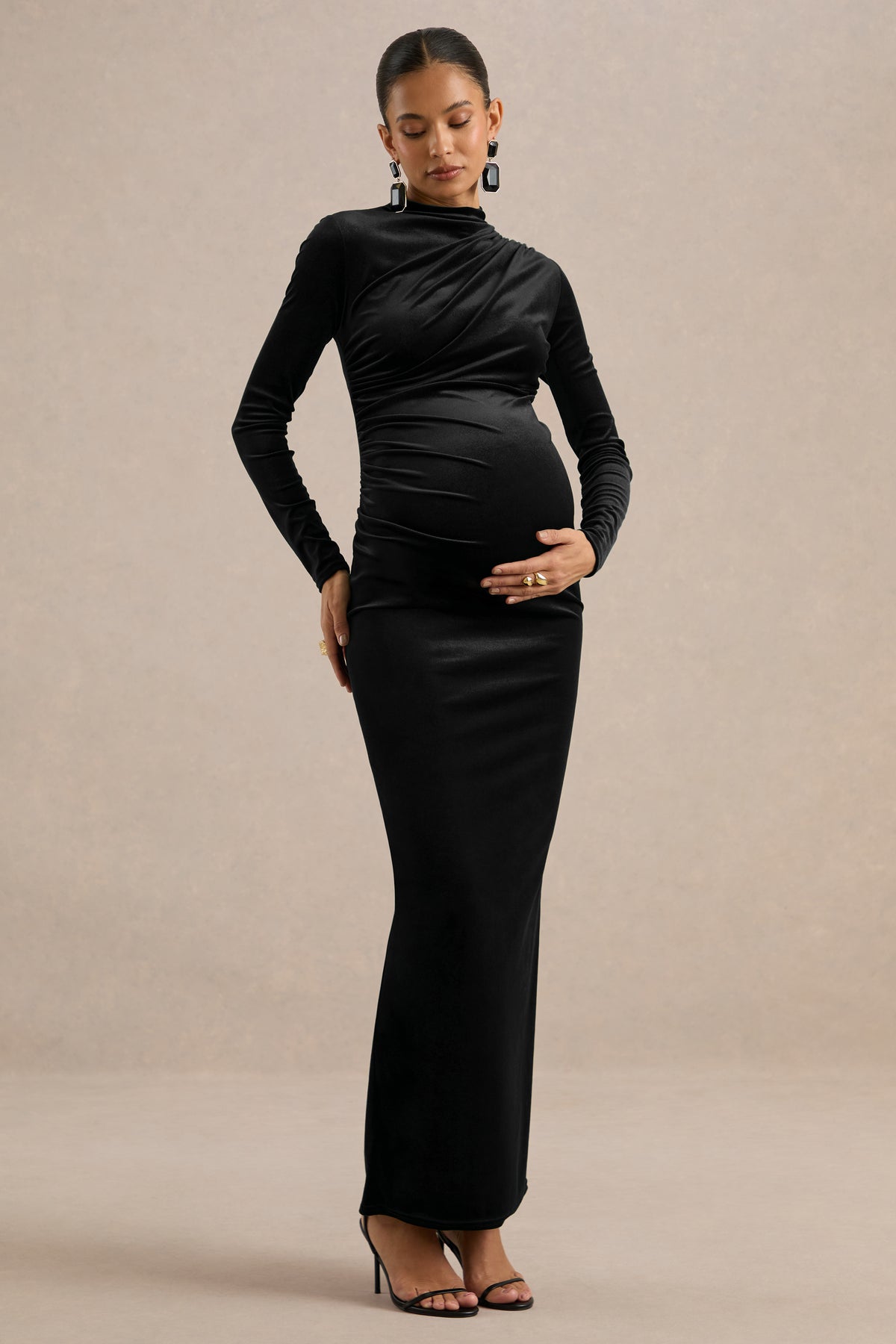 ECM_HR_CL139349001 - Kalana _ Black Velvet High Neck Long Sleeve Maternity Maxi Dess With Gathered Detailing And Back Split2.jpg