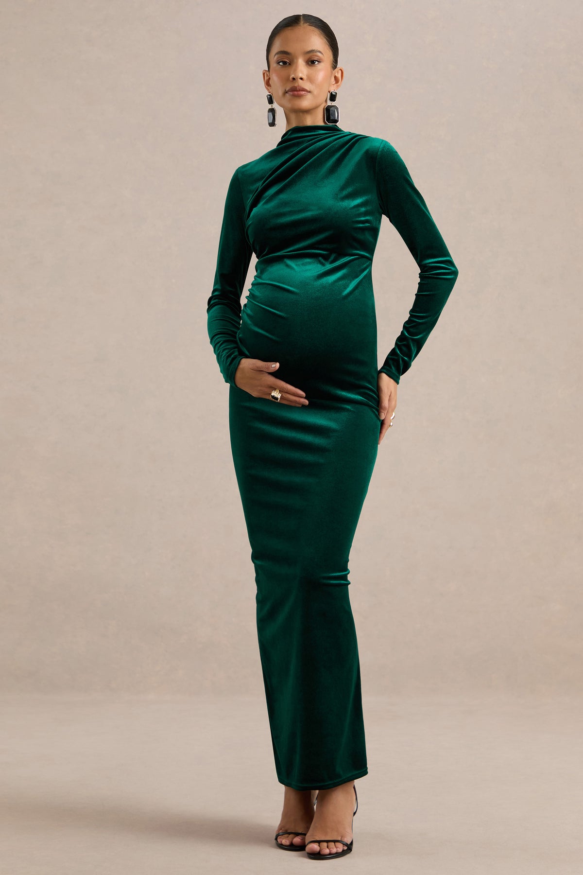 ECM_HR_CL139349038 - Kalana _ Dark Brown Velvet High Neck Long Sleeve Maternity Maxi Dess With Gathered Detailing And Back Split0.jpg