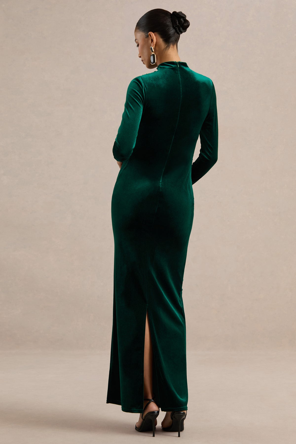 ECM_HR_CL139349038 - Kalana _ Dark Brown Velvet High Neck Long Sleeve Maternity Maxi Dess With Gathered Detailing And Back Split5.jpg