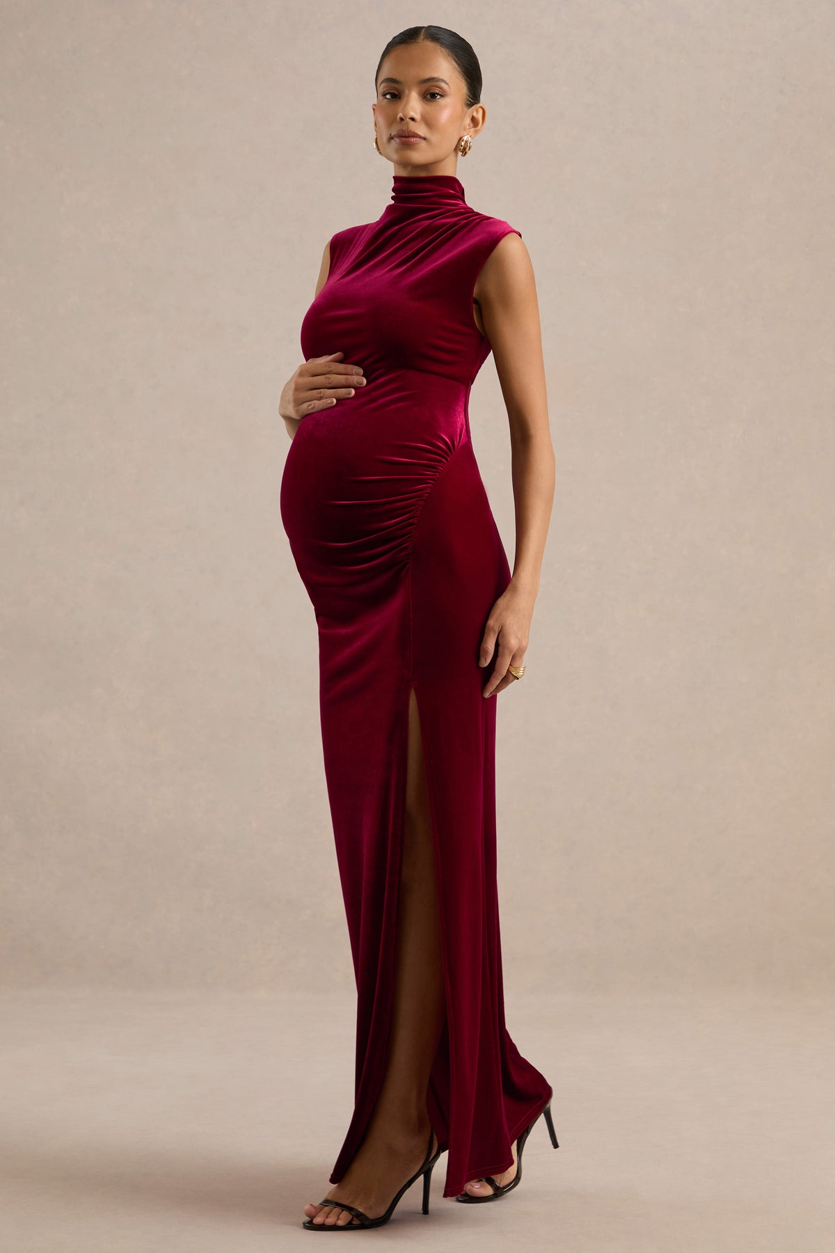 ECM_HR_CL139351101 - Kiahvana _ Berry Velvet High Neck Maternity Maxi Dress With Gathered Detailing And Split4.jpg
