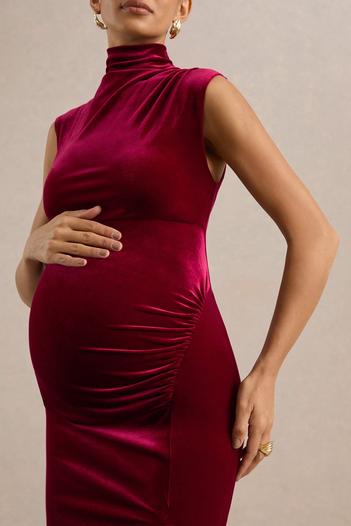 ECM_HR_CL139351101 - Kiahvana _ Berry Velvet High Neck Maternity Maxi Dress With Gathered Detailing And Split5.jpg
