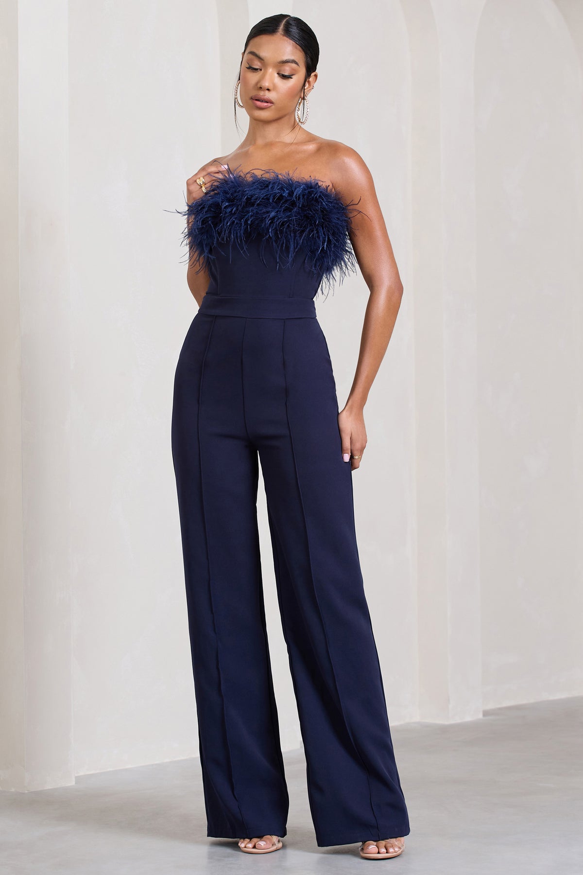 Clara Bandeau Jumpsuit In Navy And White Mosaic, YLONDON