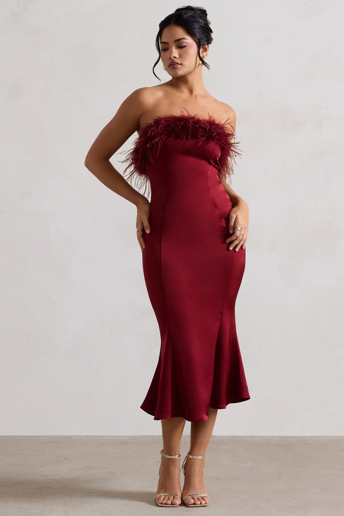 One Only Satin Feather Trim Bandeau Midi Dress