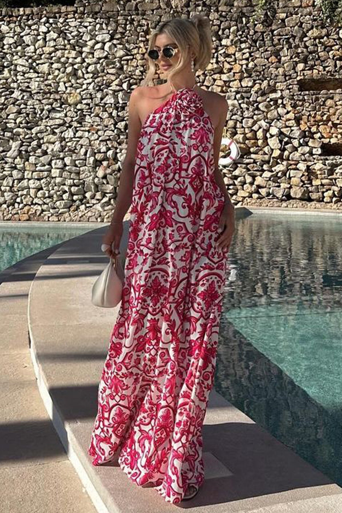 Salerno | Pink Porcelain Print Halter-Neck Maxi Dress With Corsage