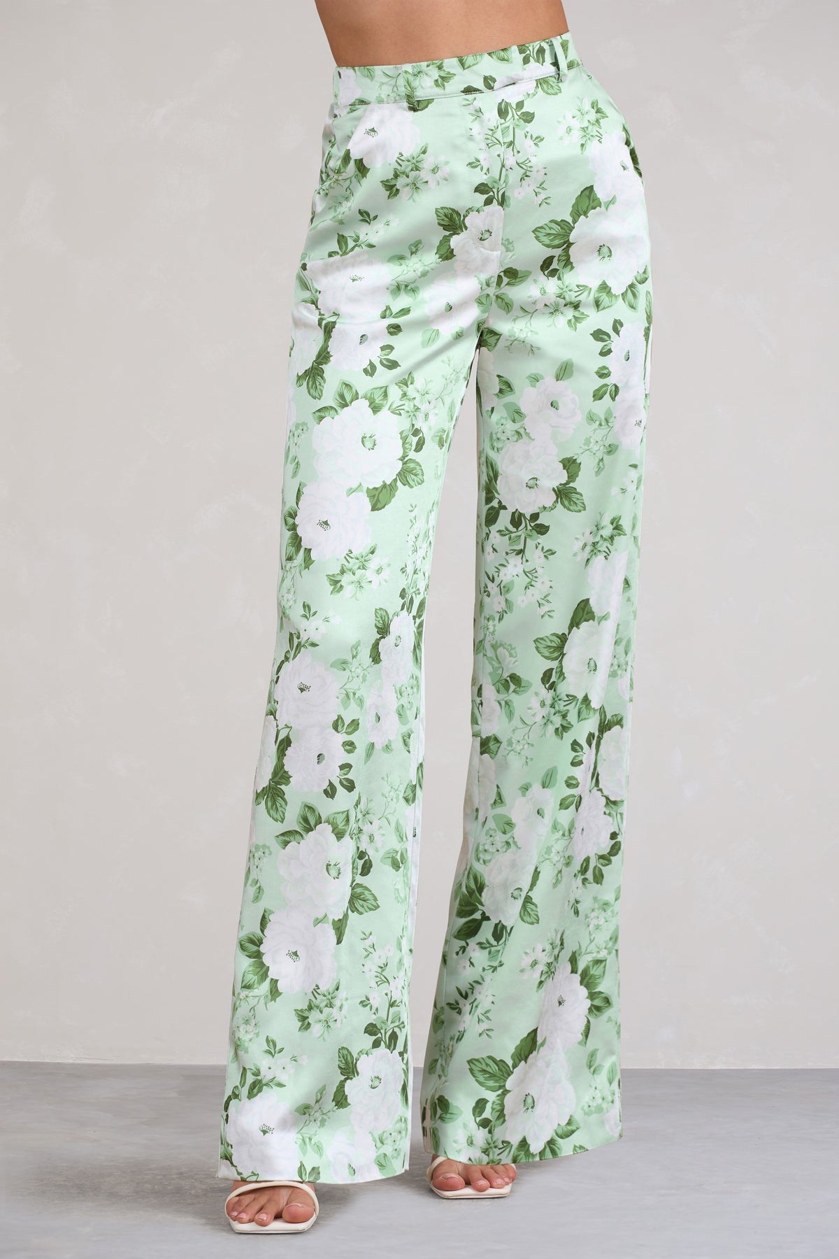 No Limits White & Green Floral Print Satin Wide Leg Trousers – Club L ...