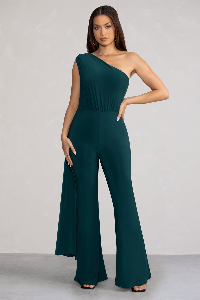 Aurora Deep Green One Shoulder Cape Sleeve Jumpsuit – Club L London - UK