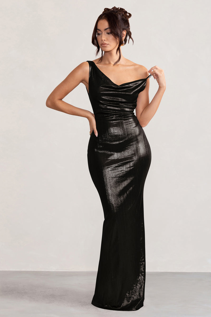 Galaxy Shimmer Black Bias Cut Cowl Front Maxi Dress – Club L London - UK