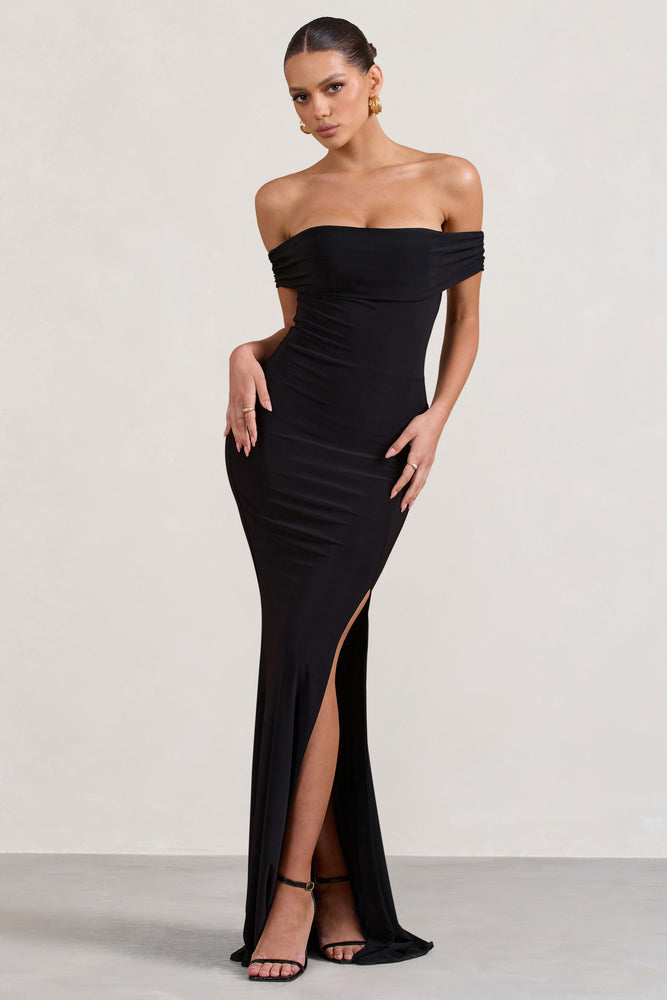 Law of Attraction Black Bardot Draped Split Maxi Dress – Club L London