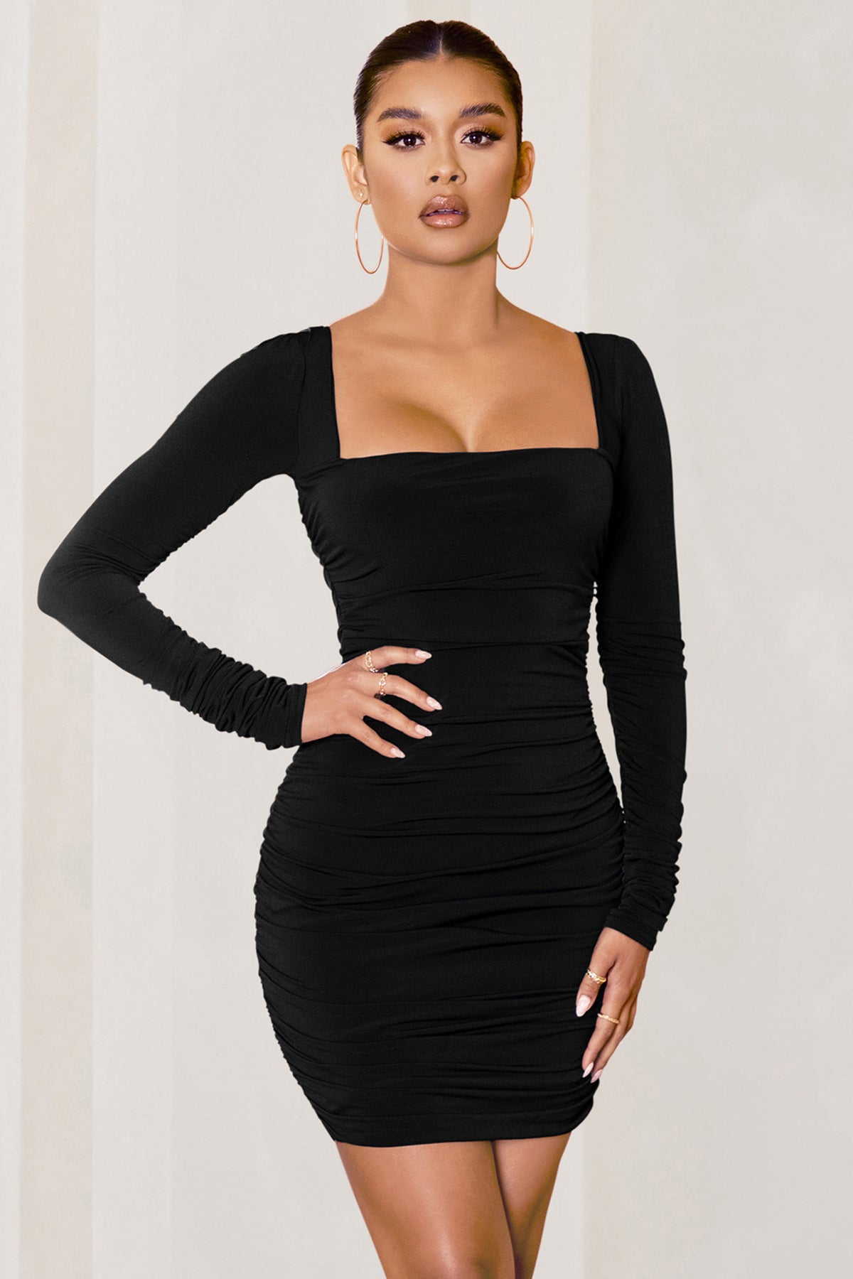 Ruched long-sleeve corset top, Black