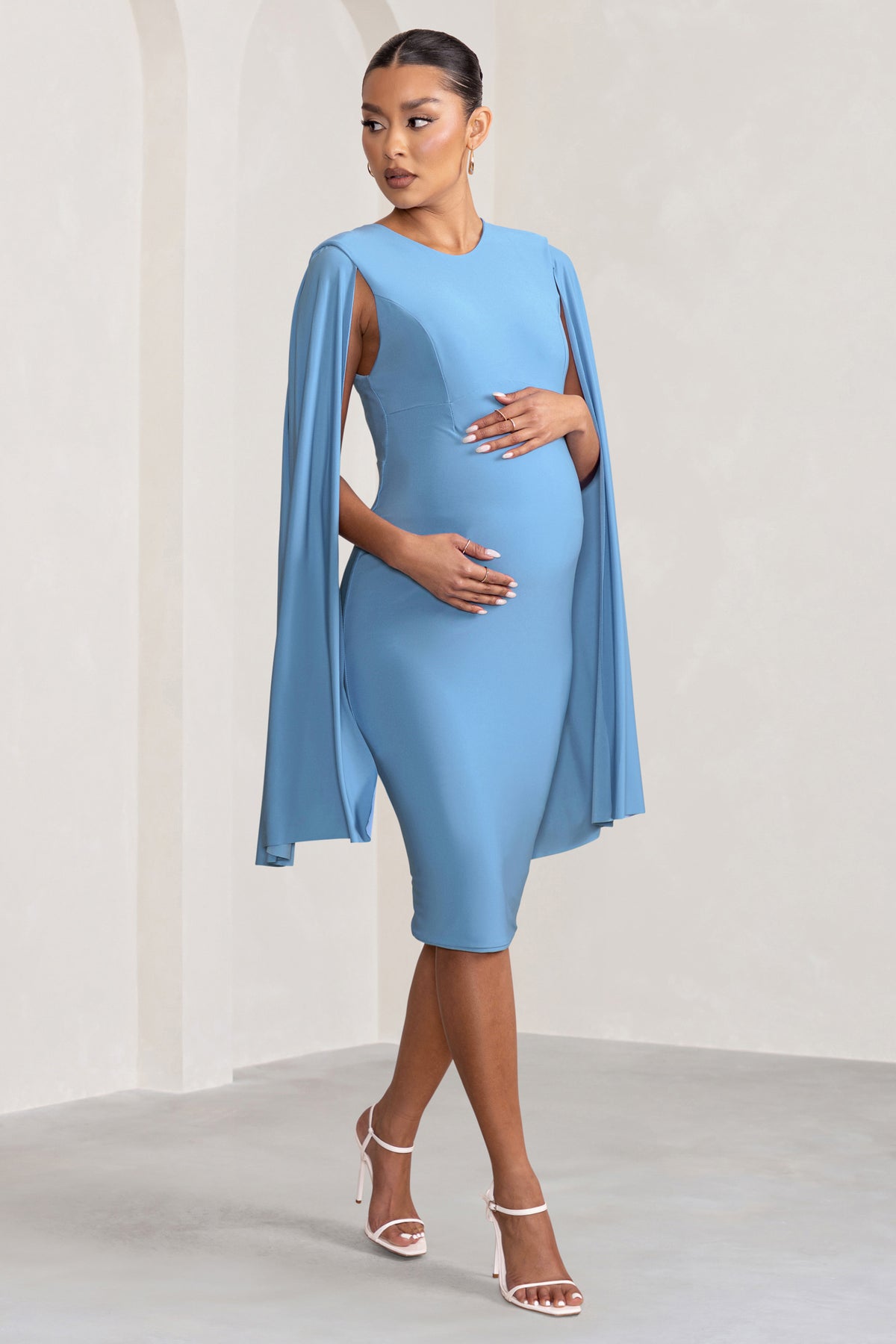 Boohoo Maternity Shirred Long Sleeve Midi Dress in Blue