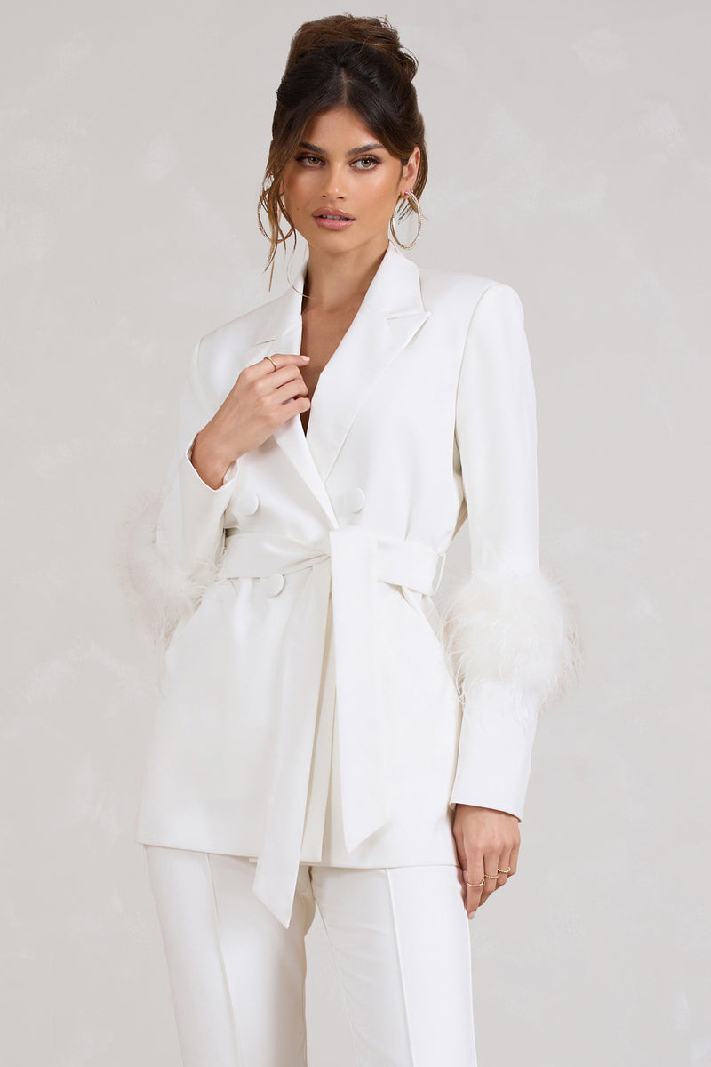 Just Like That White Belted Blazer With Feather Detail – Club L London - UK