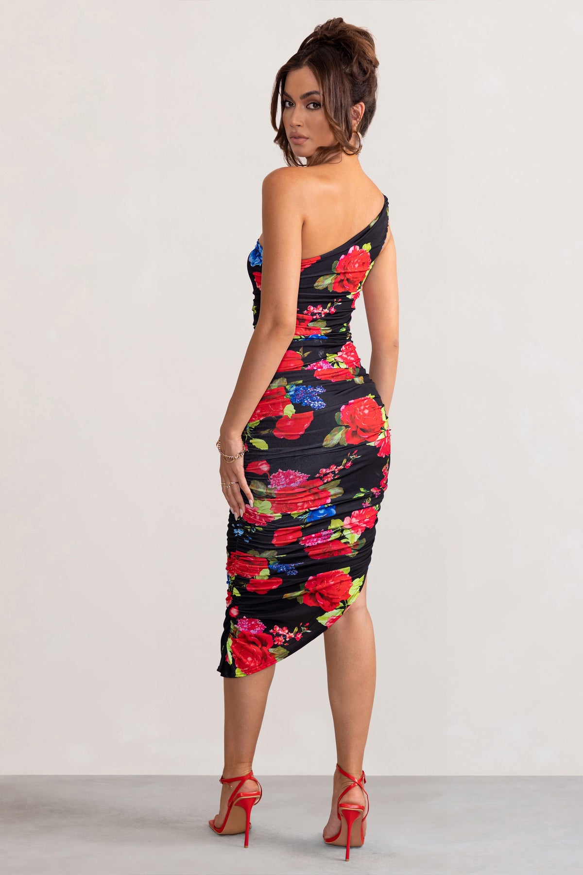 Late Night Black Floral Print Asymmetric One Shoulder Ruched Midi Dr ...