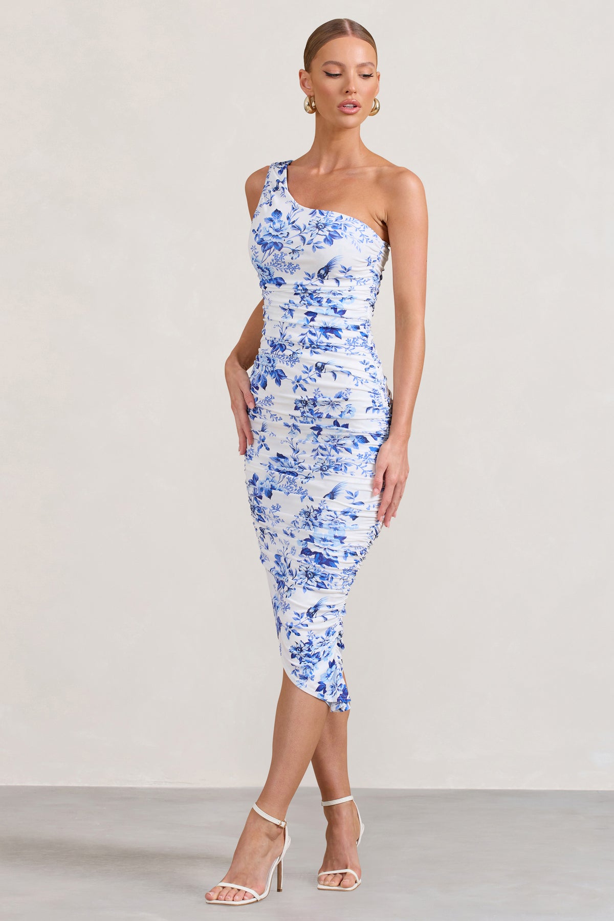 Late Night Blue Floral Print Ruched One Shoulder Midi Dress – Club L ...