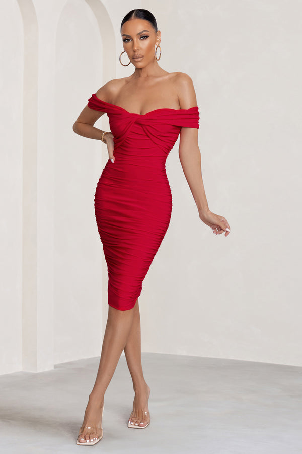 Buy Red Modal Satin Plain Straight Neck Bow Off Shoulder Dress For Women by  Aroka Online at Aza Fashions.