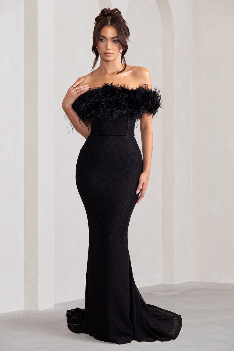 Idyll Black Lace Bardot Feather Fishtail Maxi Dress – Club L London - UK