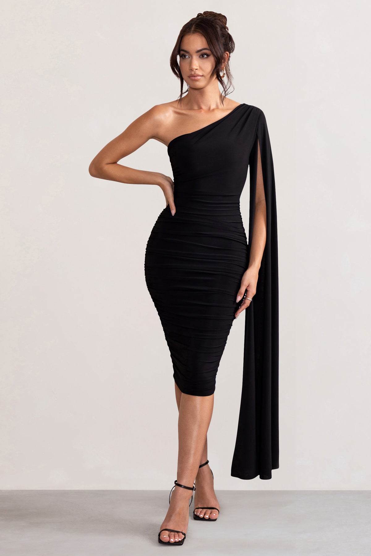 Yara Black One Shoulder Cape Ruched Midi Dress – Club L London - UK